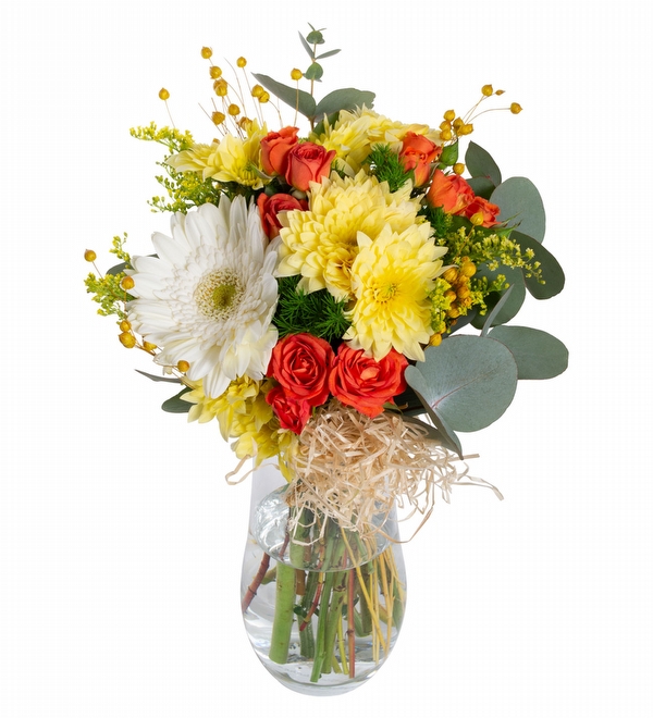 Vazoda Krizantem Çardak Gül ve Beyaz Gerbera