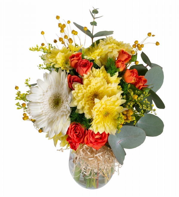 Vazoda Krizantem Çardak Gül ve Beyaz Gerbera