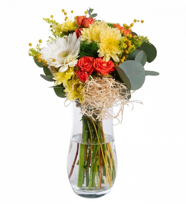 Vazoda Krizantem Çardak Gül ve Beyaz Gerbera