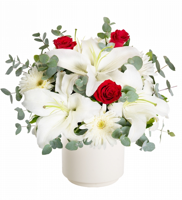 Beyaz Lilyum Kırmızı Gül ve Gerbera Aranjmanı