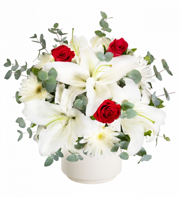 Beyaz Lilyum Kırmızı Gül ve Gerbera Aranjmanı