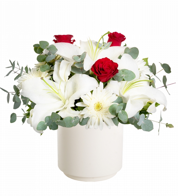 Beyaz Lilyum Kırmızı Gül ve Gerbera Aranjmanı