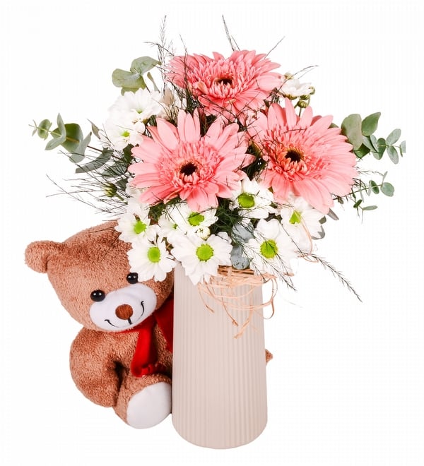 Bej Vazoda Papatya Gerbera ve Peluş Ayıcık