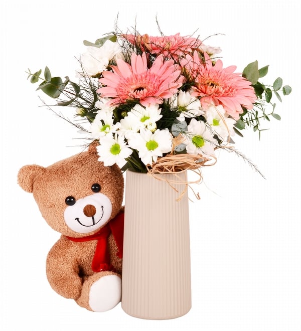 Bej Vazoda Papatya Gerbera ve Peluş Ayıcık