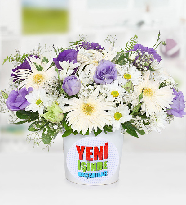 Yeni İş Tebrikli Gerbera ve Lisyantus