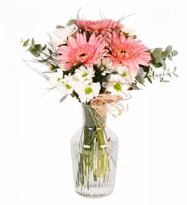 Tasarım Vazoda Pembe Gerbera ve Beyaz Papatya