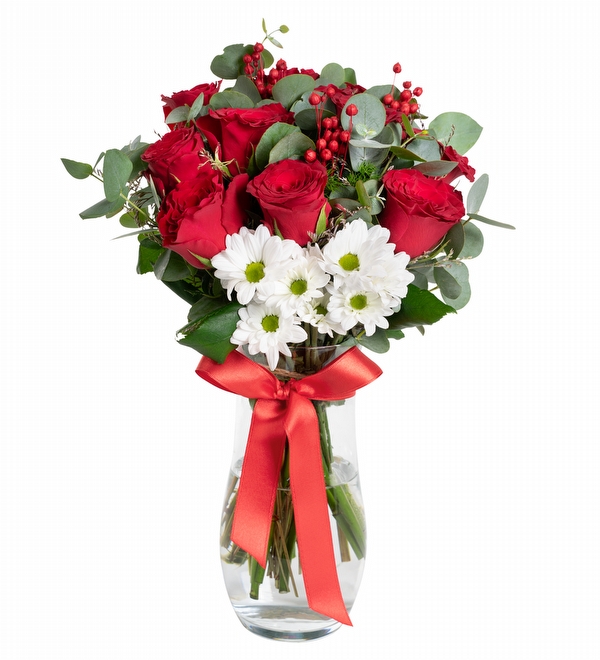 Damla Vazoda Beyaz Papatyalar ile K�rm�z� G�ller