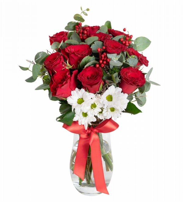 Damla Vazoda Beyaz Papatyalar ile K�rm�z� G�ller