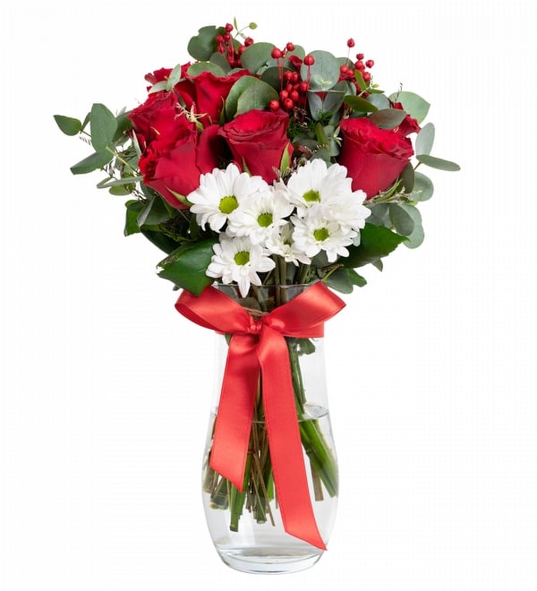 Damla Vazoda Beyaz Papatyalar ile K�rm�z� G�ller