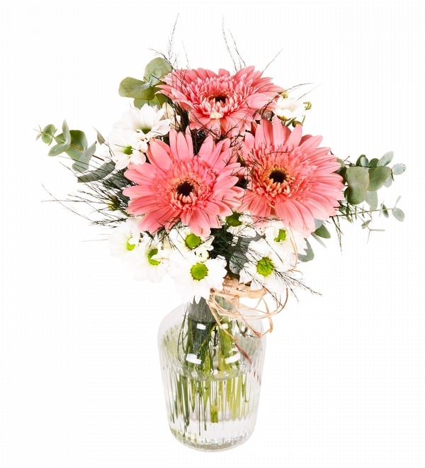 Tasar�m Vazoda Pembe Gerbera ve Beyaz Papatya