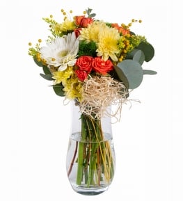 Vazoda Krizantem �ardak G�l ve Beyaz Gerbera